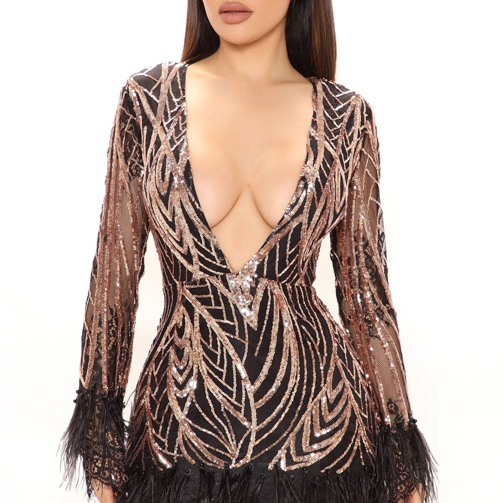 Black and Gold Sequin Dress with Feather Trim